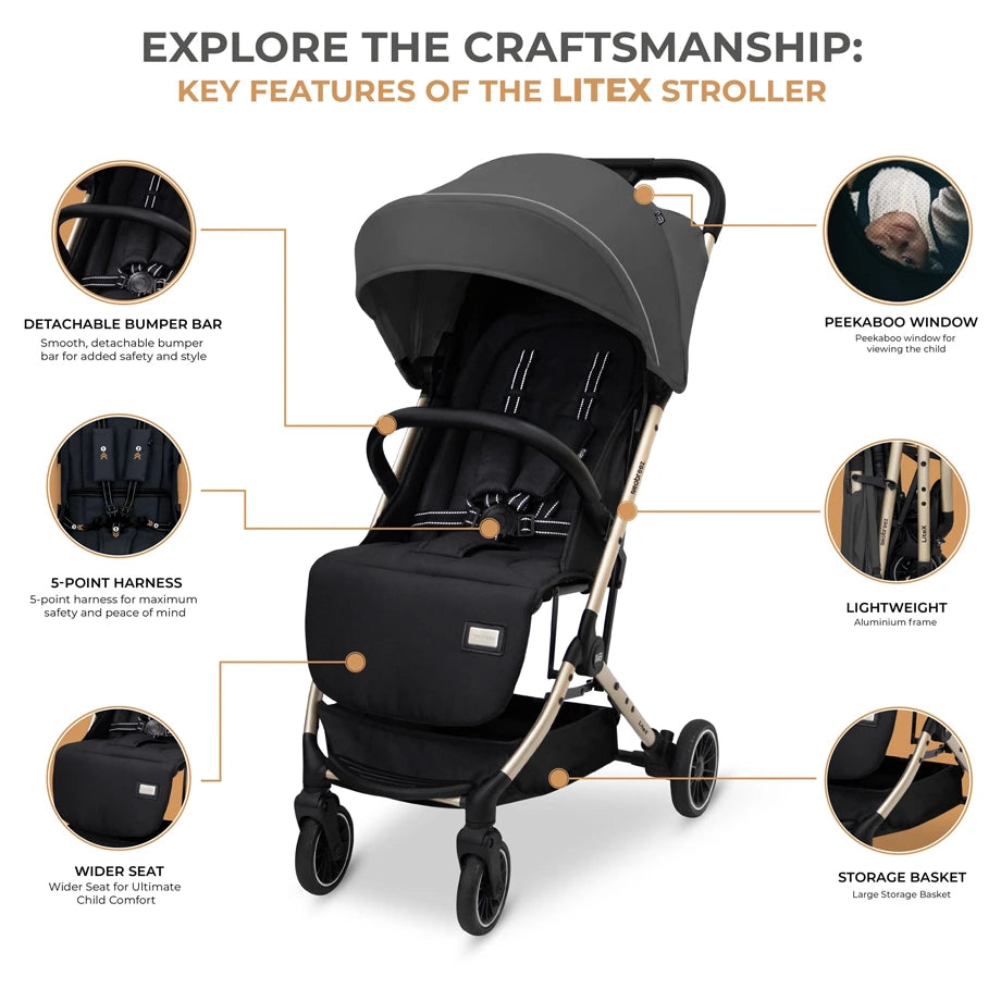 Neobreez Litex Compact Cabin Stroller Travel Stroller (Grey/Black with Gold Frame)