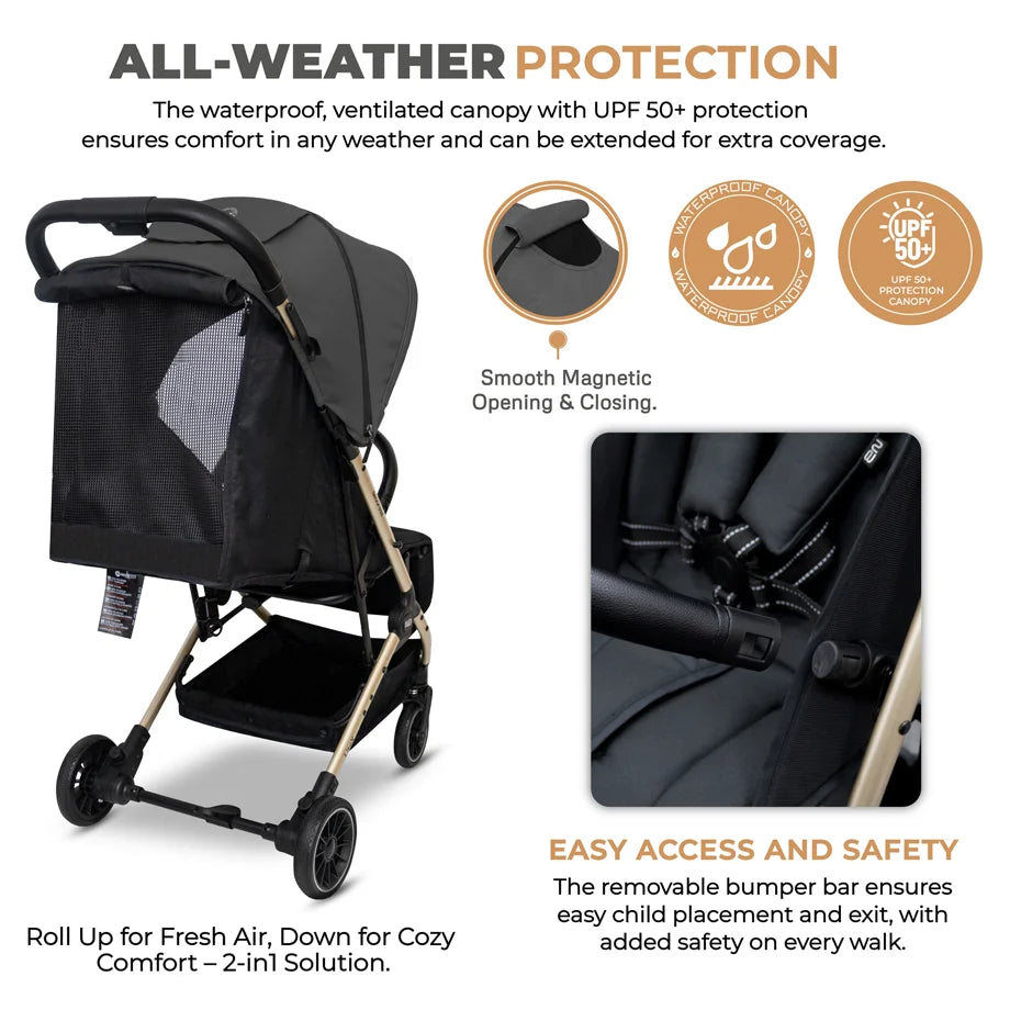 Neobreez Litex Compact Cabin Stroller Travel Stroller (Grey/Black with Gold Frame)