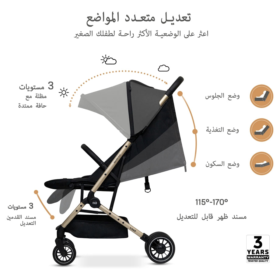 Neobreez Litex Compact Cabin Stroller Travel Stroller (Grey/Black with Gold Frame)