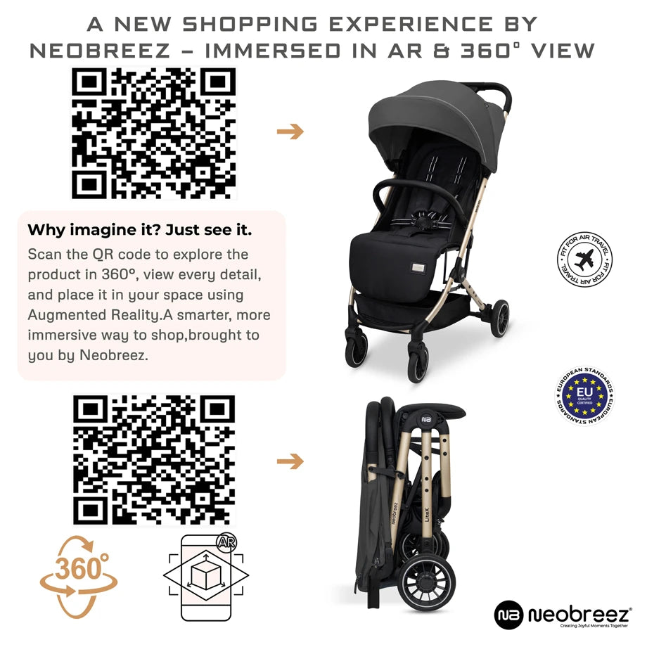 Neobreez Litex Compact Cabin Stroller Travel Stroller (Grey/Black with Gold Frame)