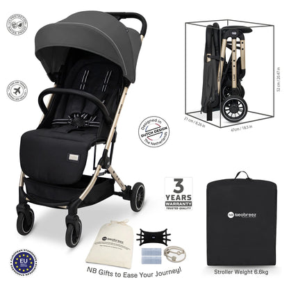 Neobreez Litex Compact Cabin Stroller Travel Stroller (Grey/Black with Gold Frame)