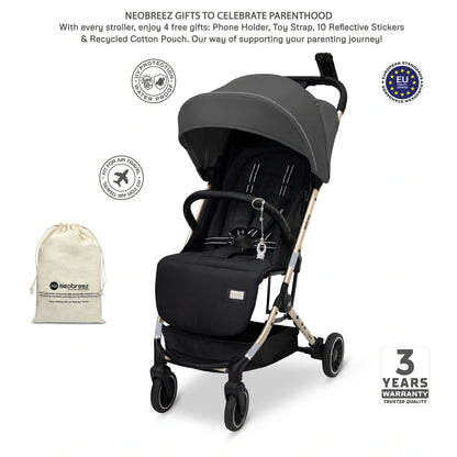 Neobreez Litex Compact Cabin Stroller Travel Stroller (Grey/Black with Gold Frame)