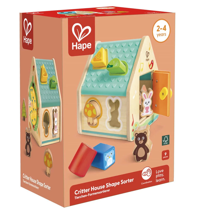 Hape Wooden Critter Animal House Shape Sorter Toy 9pcs