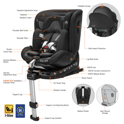 Welldon Smart Rotate 2 Pro iSize 360° Isofix Car Seat (Group 0+/1/2) Ebony