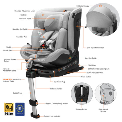 Welldon Smart Rotate 2 Pro iSize 360° Isofix Car Seat (Group 0+/1/2) Moonstone