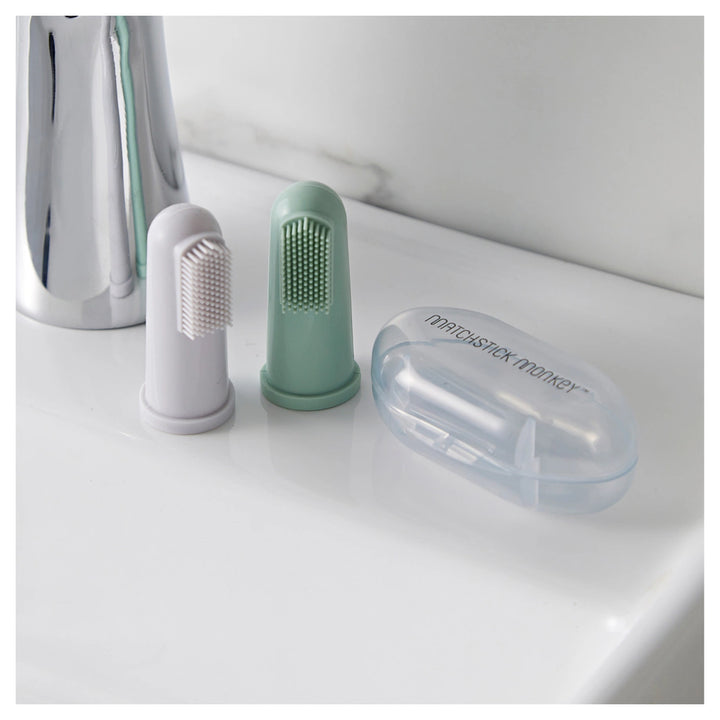 Matchstick Monkey Finger Toothbrush and Case Pack of 2 (Grey and Mint Green)