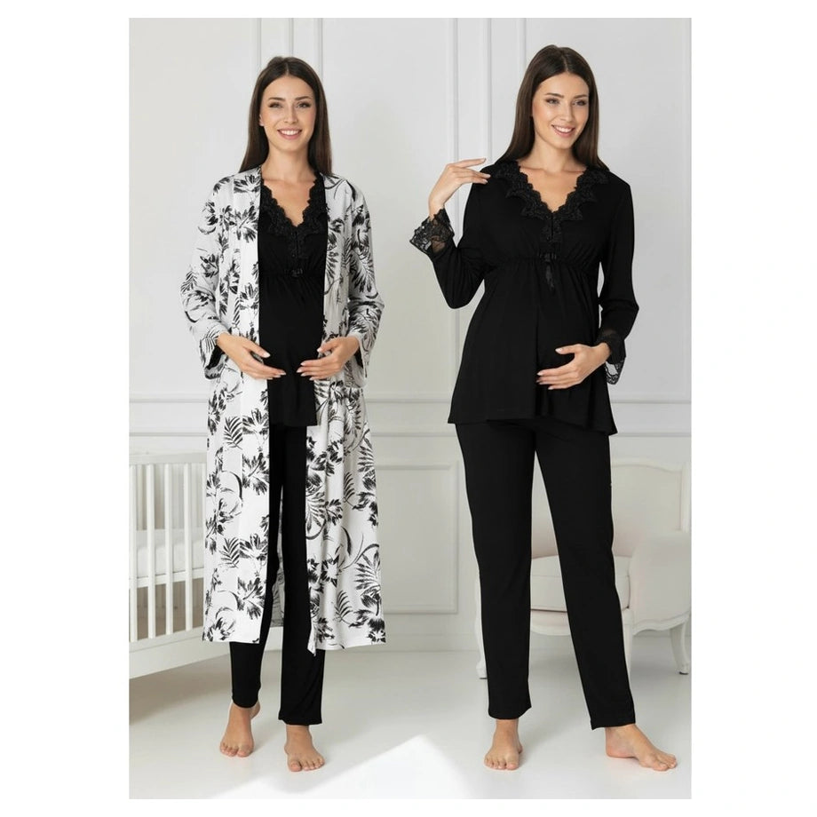 Mini Plum Pyjama & Robe Set Maternity & Nursing (Black)