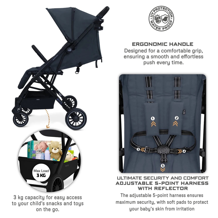 Neobreez PENTA Compact Lightweight Travel Stroller W/Cup Holder (Black-Grey)