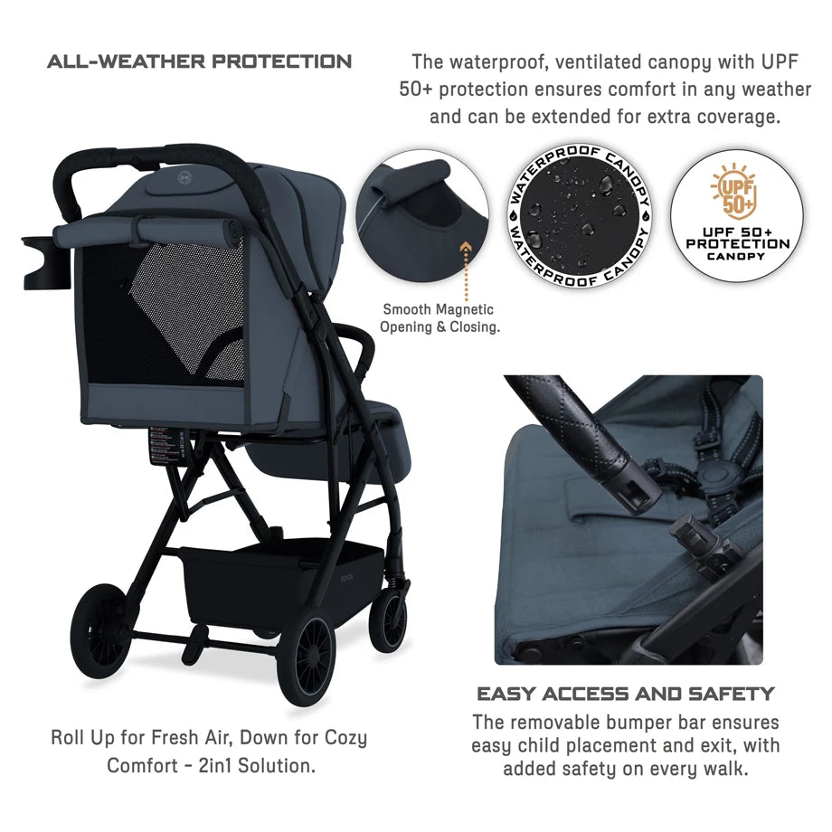 Neobreez PENTA Compact Lightweight Travel Stroller W/Cup Holder (Black-Grey)