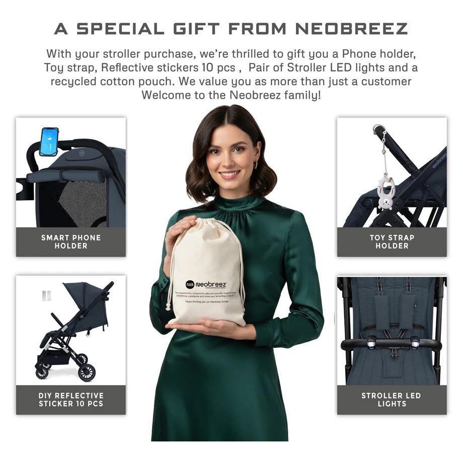 Neobreez PENTA Compact Lightweight Travel Stroller W/Cup Holder (Black-Grey)