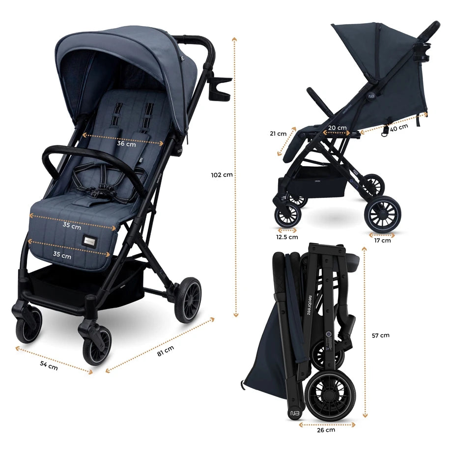Neobreez PENTA Compact Lightweight Travel Stroller W/Cup Holder (Black-Grey)