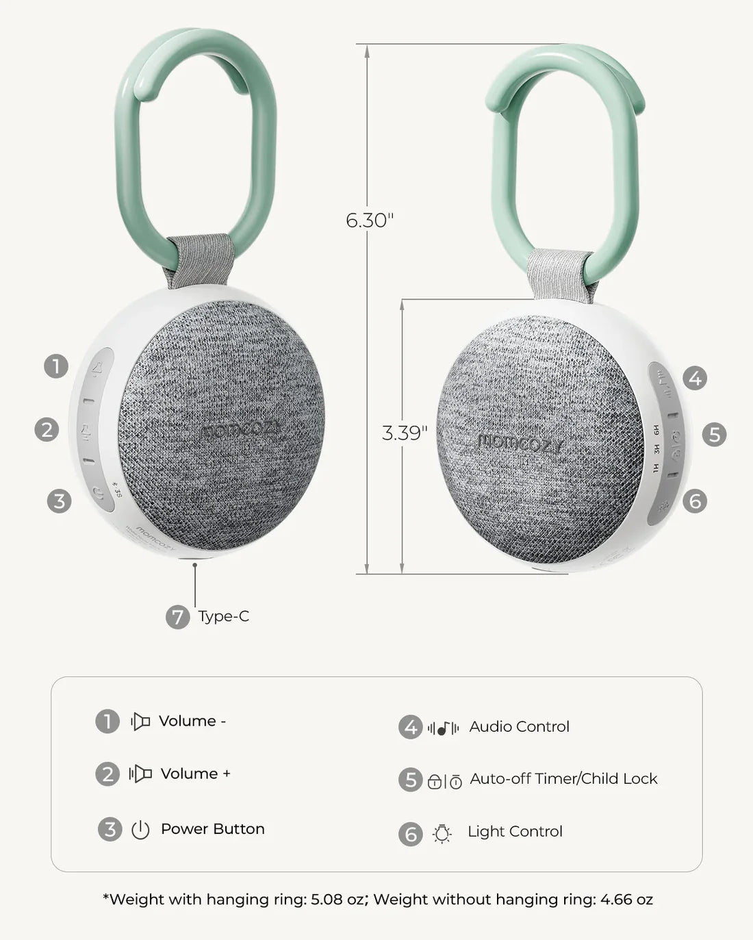 Momcozy Portable Sound Machine (Sage Green/Grey)