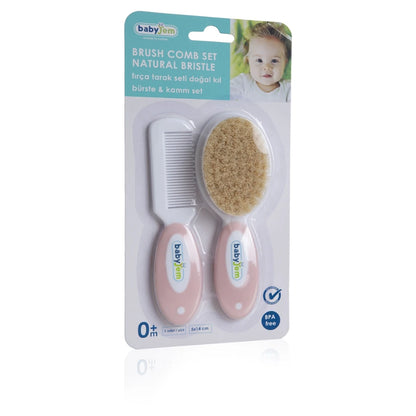 Babyjem 2-Piece Brush & Comb Set with Natural Bristle for Babies (Pink), 0 Months+