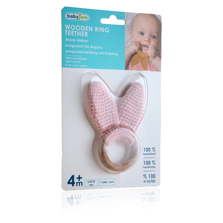 Babyjem Amigurumi Wooden Ring Teether for Baby, 4+ Months (Pink)