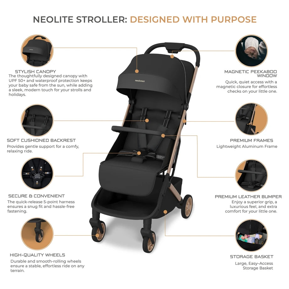Neobreez Neolite Ultra-Compact Cabin Size Travel Stroller (Black)