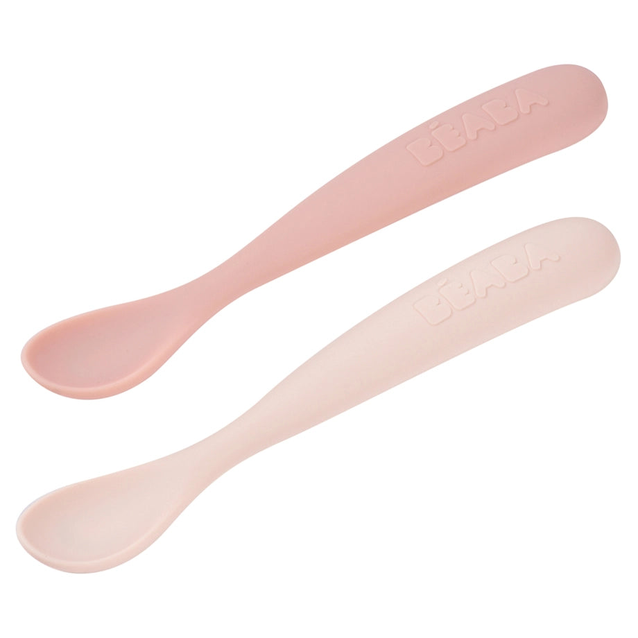 Beaba Set of 2 First Age Silicone Spoons + Carrying Case (Cotton Candy Duo)
