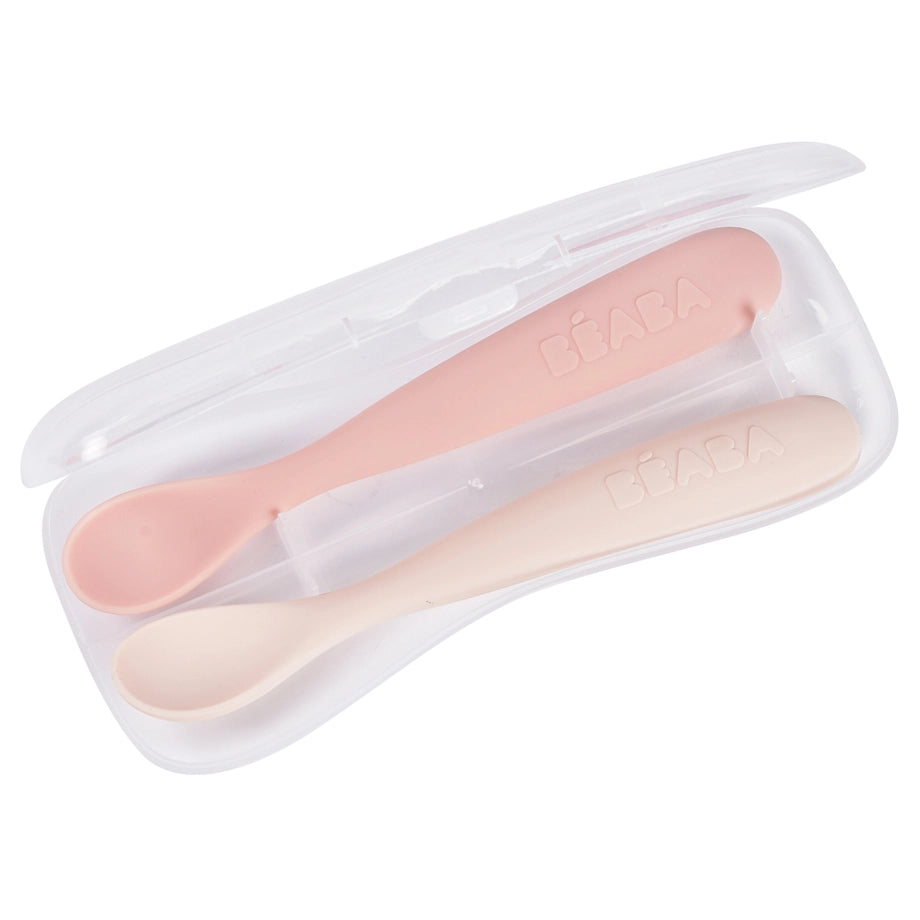 Beaba Set of 2 First Age Silicone Spoons + Carrying Case (Cotton Candy Duo)