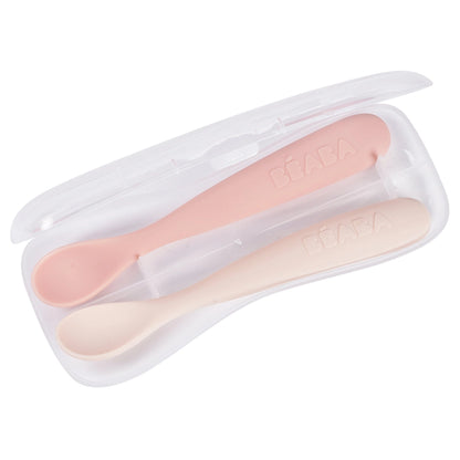 Beaba Set of 2 First Age Silicone Spoons + Carrying Case (Cotton Candy Duo)