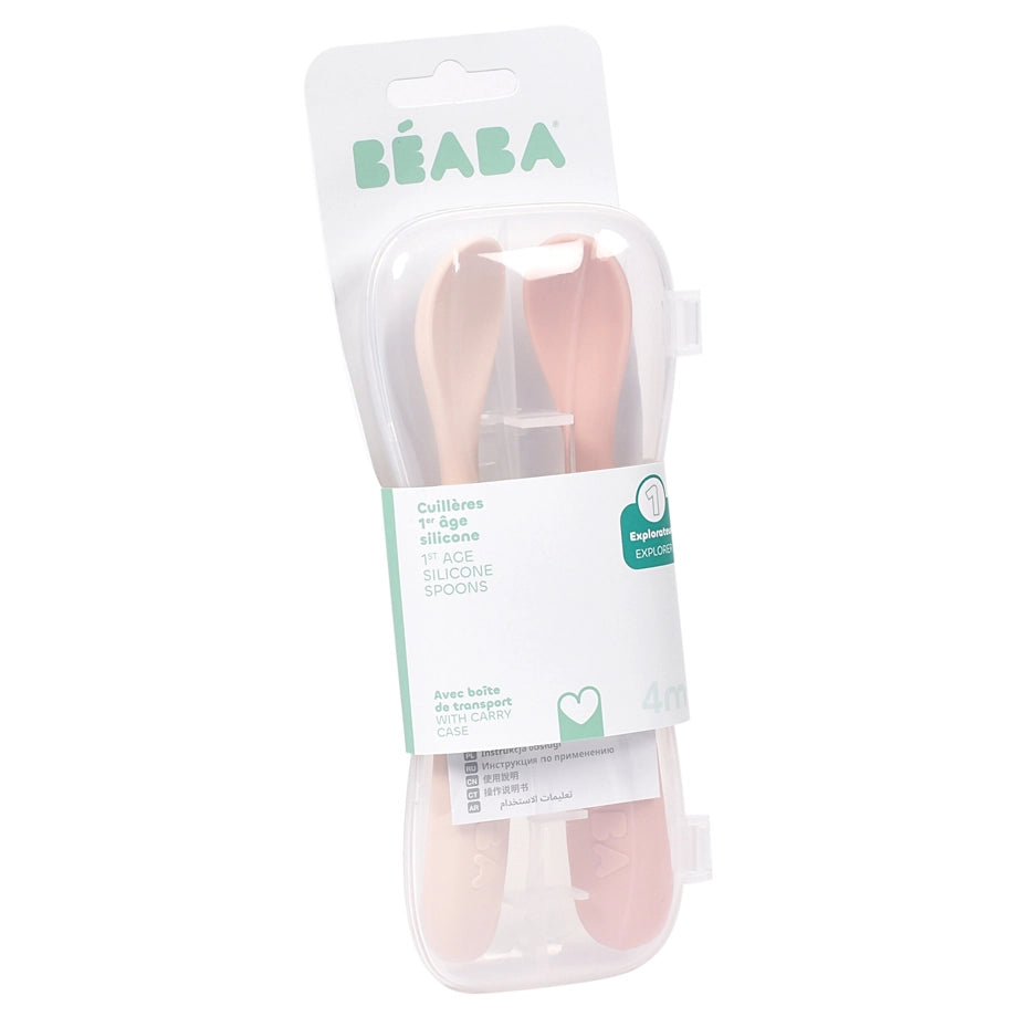 Beaba Set of 2 First Age Silicone Spoons + Carrying Case (Cotton Candy Duo)