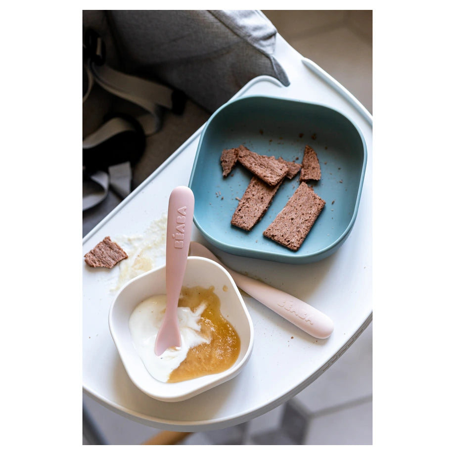 Beaba Set of 2 First Age Silicone Spoons + Carrying Case (Cotton Candy Duo)