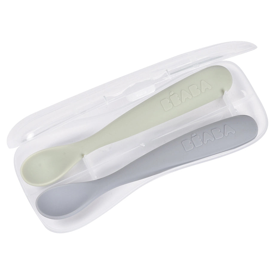 Beaba Set of 2 First Age Silicone Spoons + Carrying Case (Nature Duo)