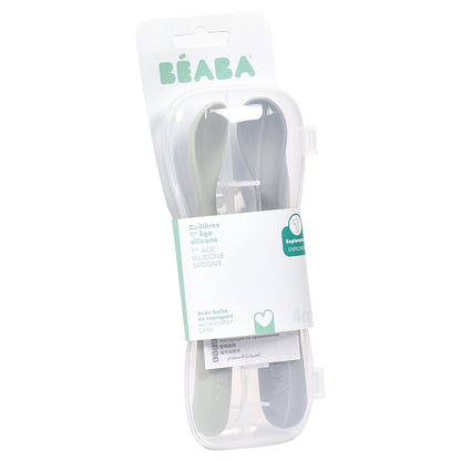 Beaba Set of 2 First Age Silicone Spoons + Carrying Case (Nature Duo)