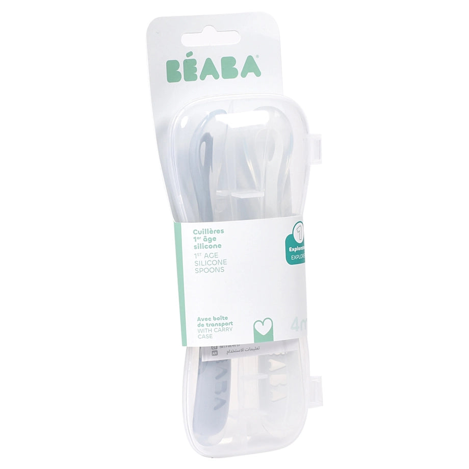 Beaba Silicone Spoon 1st Age Set of 2 + Box (Pebble Cloud Blue Duo)