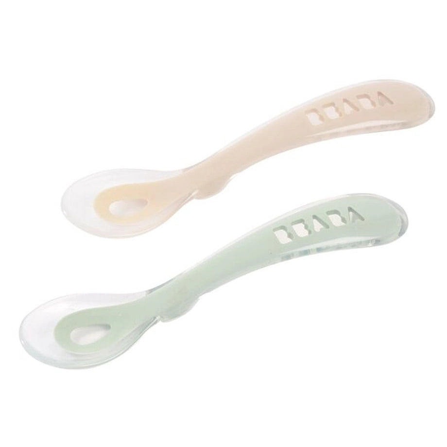 Beaba Set of 2 Second Age Silicone Spoons + Carrying Case (Clay Misty Green)