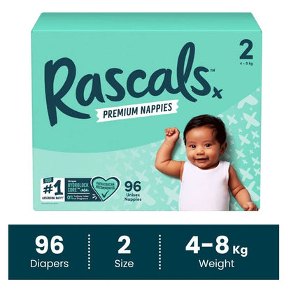 Rascals Premium Baby Diapers Jumbo Box (4–8 kg, 96 Count)