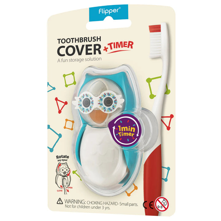 Flipper Hygienic Toothbrush Holder for Kids with 1-minute Timer Owl (Blue)