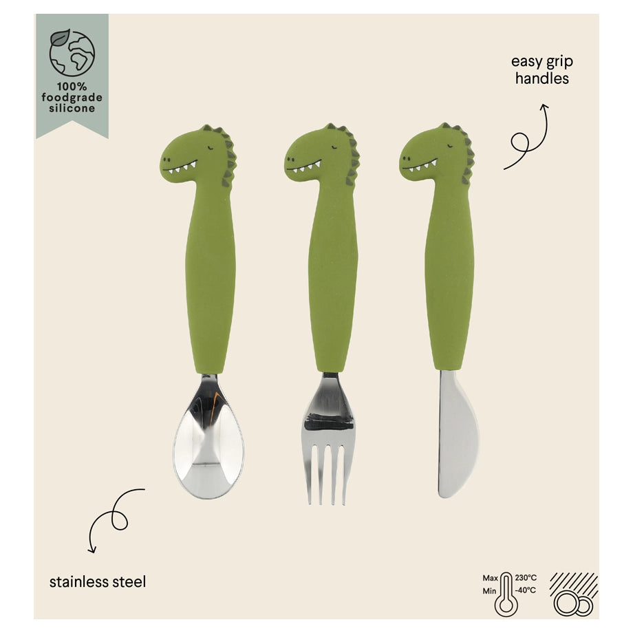 Trixie Stainless Steel Cutlery Set with Silicone Handle (Mr Dino)