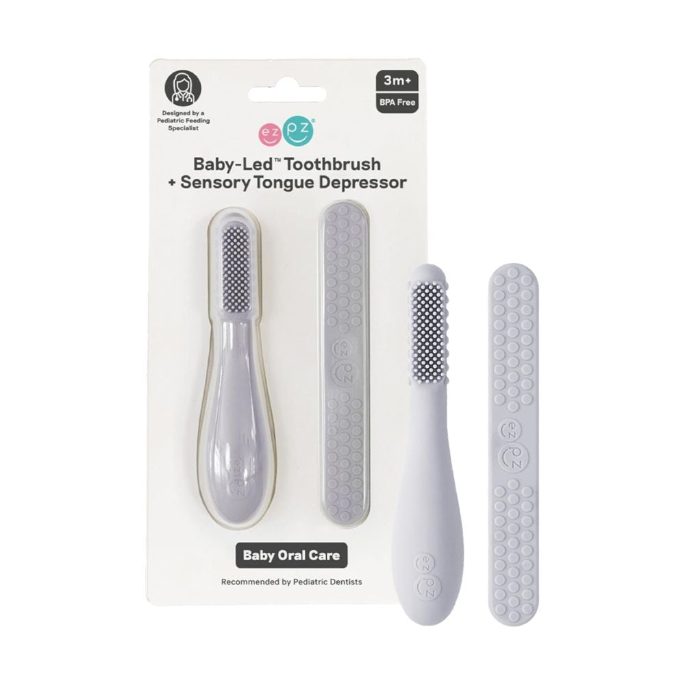 ezpz Baby-Led Toothbrush + Sensory Tongue Depressor Dual Pack (Pewter)