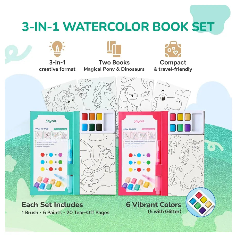 Joycat 2 Pack Pocket Paint with Water Coloring Books (Magical Pony & Dinosaurs)