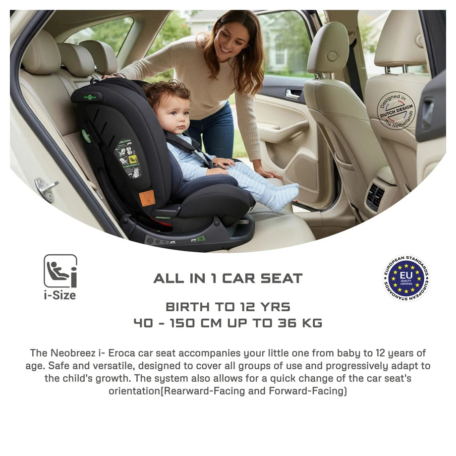 Neobreez Eroca i-Size All-In-One Convertible Car Seat 0-12Yrs (Black/Grey)