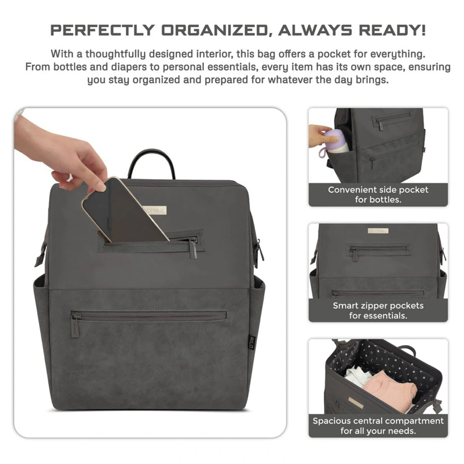 Neobreez RILO Diaper Backpack 7-Pcs Set W/Changing Mat, Wet Bag, Pouches (Dark Grey)