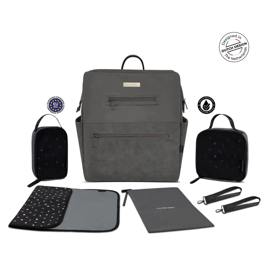 Neobreez RILO Diaper Backpack 7-Pcs Set W/Changing Mat, Wet Bag, Pouches (Dark Grey)