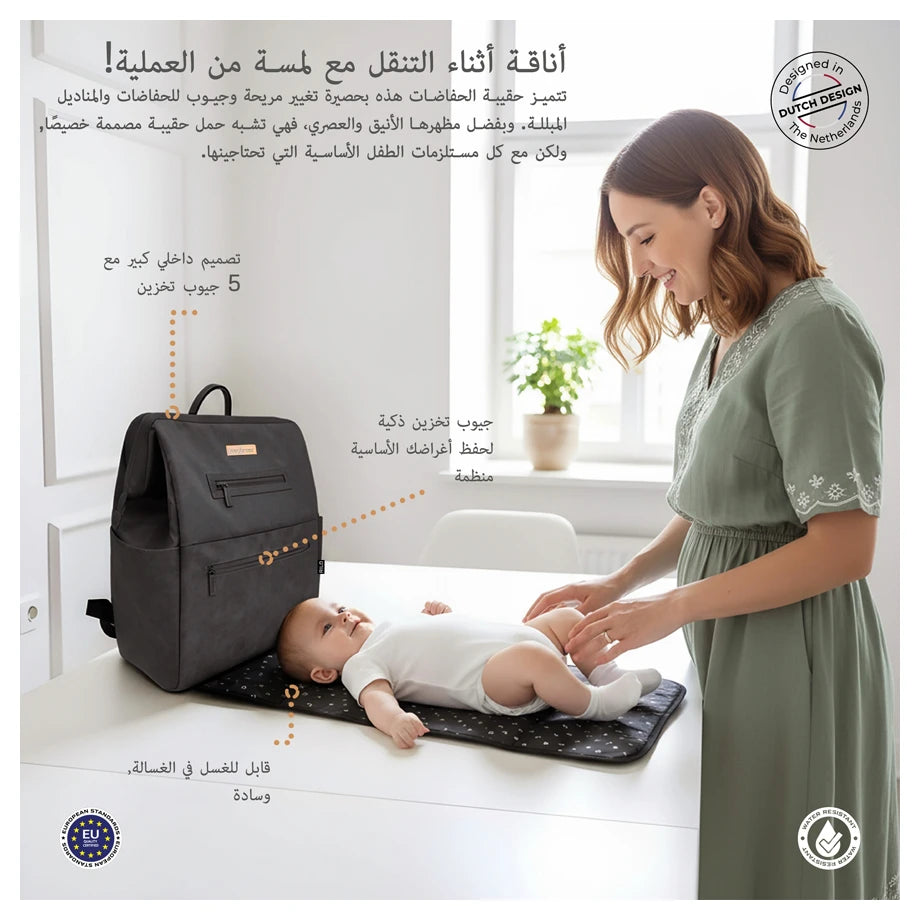 Neobreez RILO Diaper Backpack 7-Pcs Set W/Changing Mat, Wet Bag, Pouches (Dark Grey)