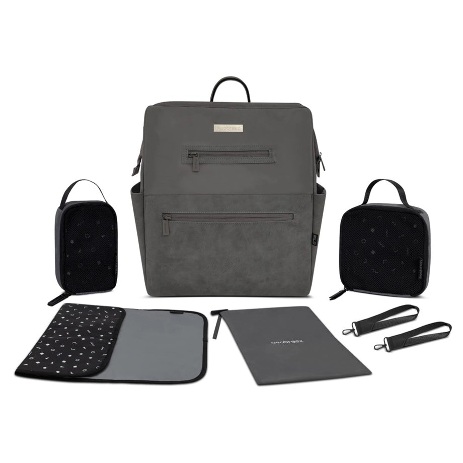 Neobreez RILO Diaper Backpack 7-Pcs Set W/Changing Mat, Wet Bag, Pouches (Dark Grey)