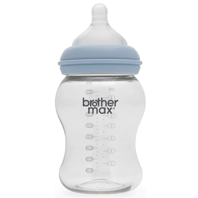 Brother Max - Extra Wide Neck Glass Feeding Bottle 240ml/8oz + M Teat (Blue)