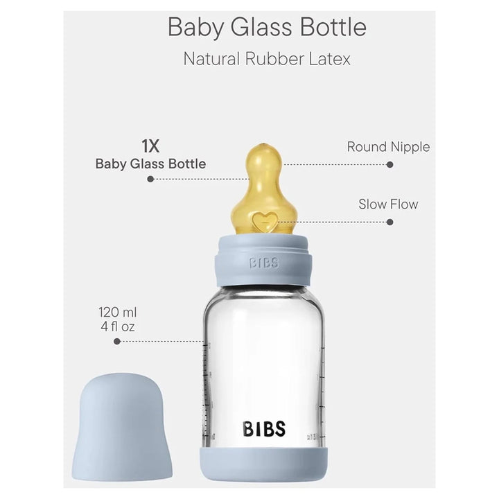 Bibs Glass Baby Bottle Round Latex 120 Ml Slow Flow 1 Pack (Baby Blue)