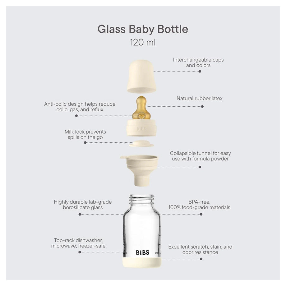 Bibs Glass Baby Bottle Round Latex 120 Ml Slow Flow 1 Pack (Baby Blue)