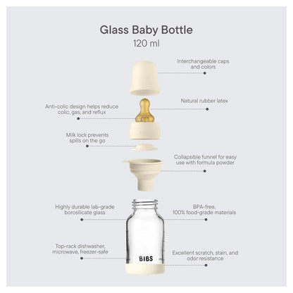 Bibs Glass Baby Bottle Round Latex 120 Ml Slow Flow 1 Pack (Baby Blue)