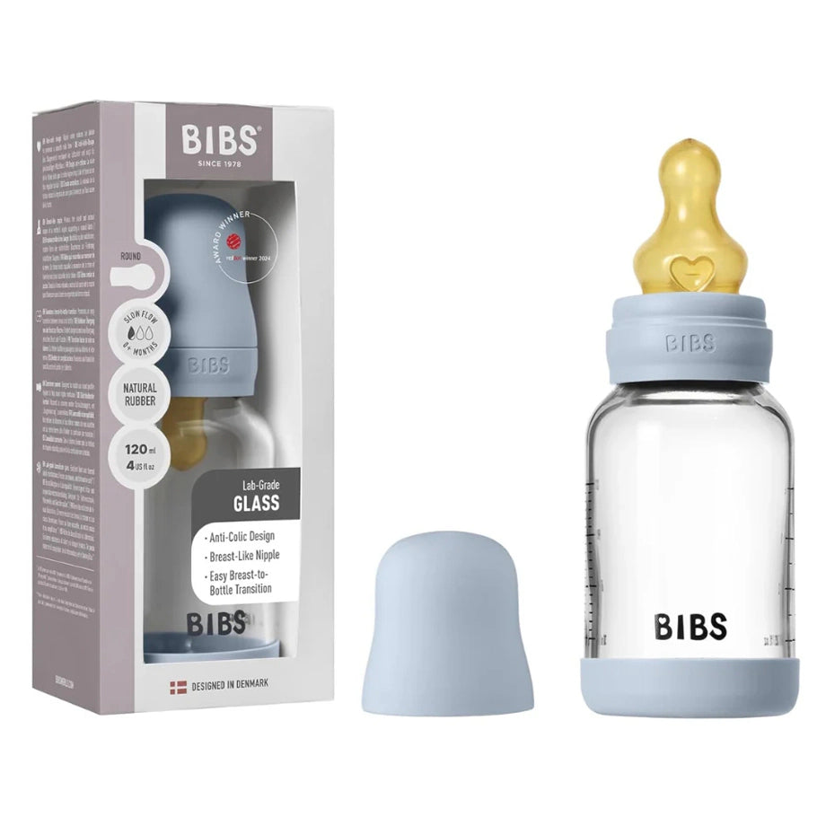 Bibs Glass Baby Bottle Round Latex 120 Ml Slow Flow 1 Pack (Baby Blue)