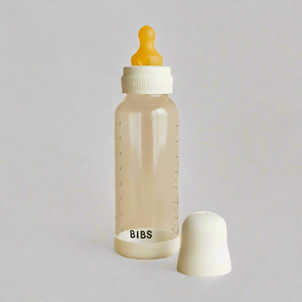 Bibs Glass Baby Bottle Round Latex 240 Ml Medium Flow 1 Pack (Ivory)