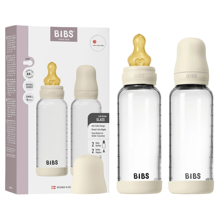 BIBS Glass Baby Bottle Round Latex 2 Pack 240 ml Medium Flow (Ivory)
