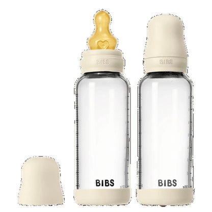 BIBS Glass Baby Bottle Round Latex 2 Pack 240 ml Medium Flow (Ivory)
