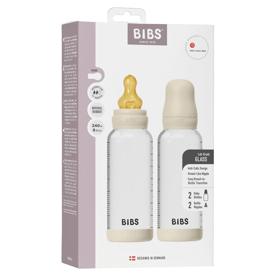 BIBS Glass Baby Bottle Round Latex 2 Pack 240 ml Medium Flow (Ivory)