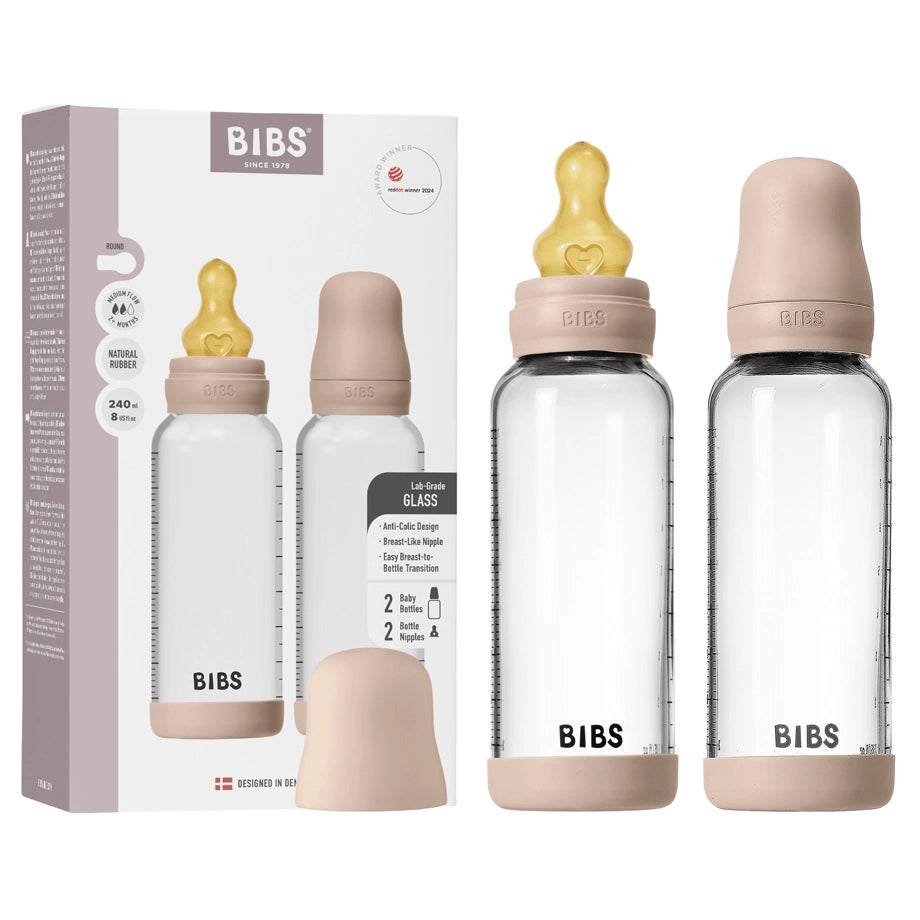 BIBS Glass Baby Bottle Round Latex 2 Pack 240 ml Medium Flow (Blush)