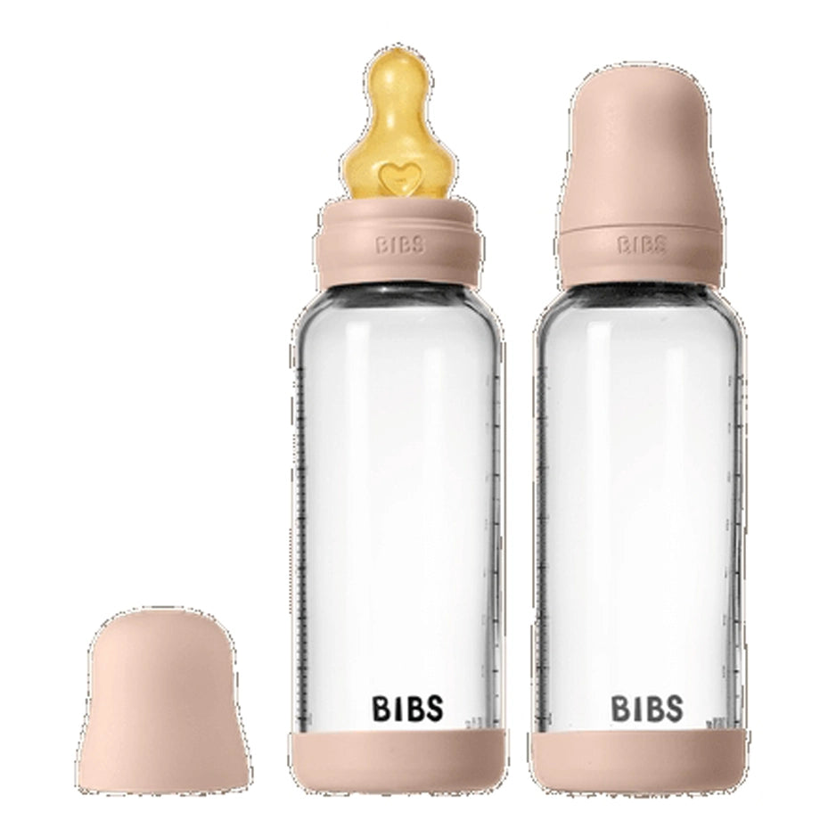 BIBS Glass Baby Bottle Round Latex 2 Pack 240 ml Medium Flow (Blush)