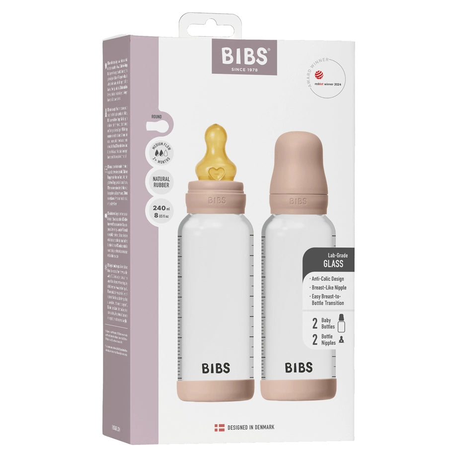 BIBS Glass Baby Bottle Round Latex 2 Pack 240 ml Medium Flow (Blush)